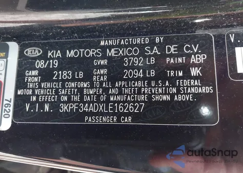 2020 Kia Forte Gt-Line z USA, uszkodzony, nr VIN 3KPF34ADXLE162627